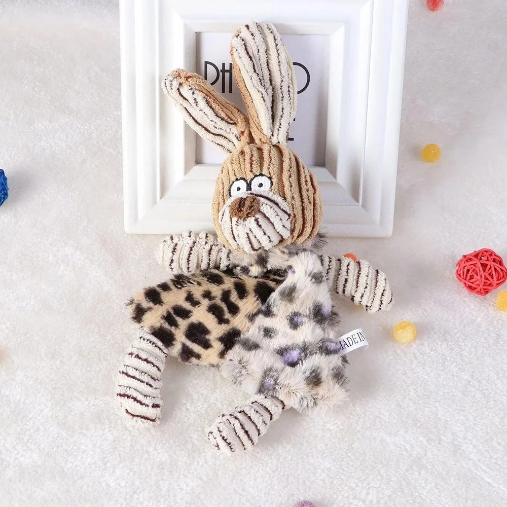 Squeaky Dog Toy Rabbit Plush Leopard Print Corduroy Molar Chew Toy for Pets